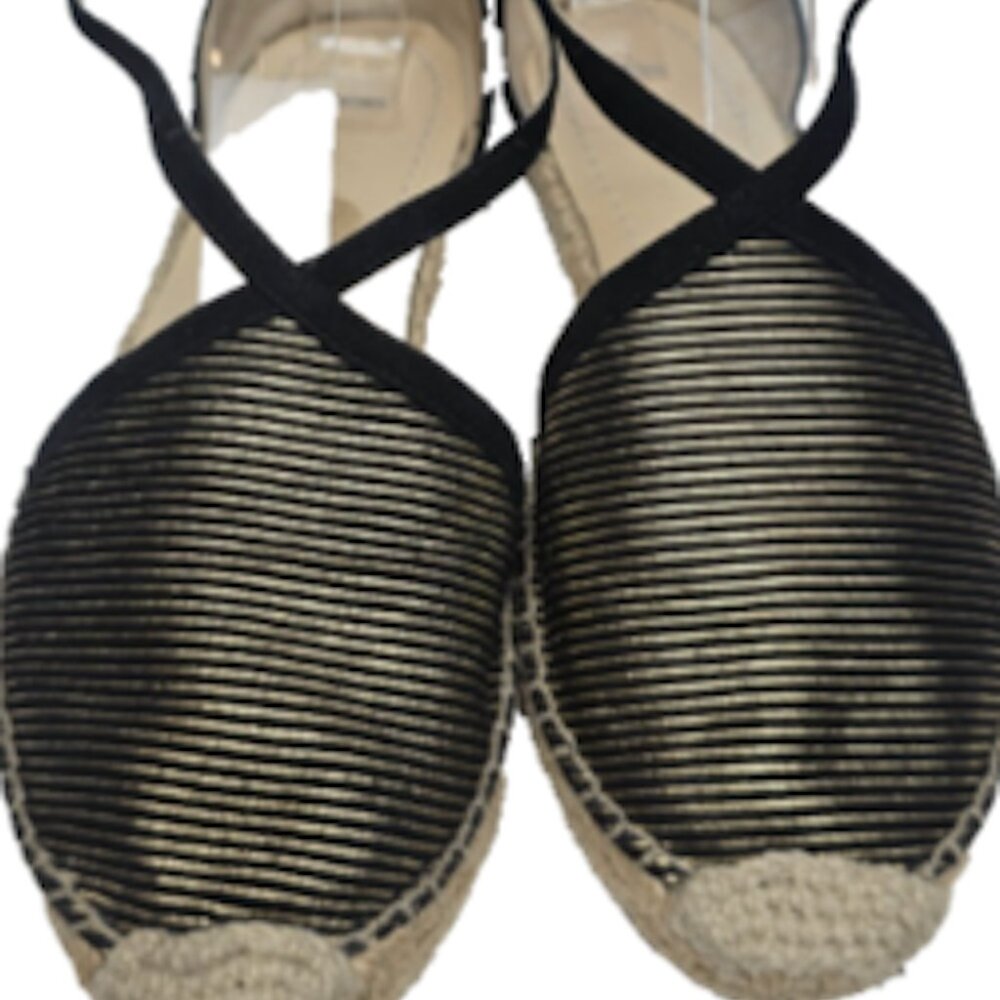 Jimmy Choo Black & Gold Striped Espadrille Ankle Wrap Sandals